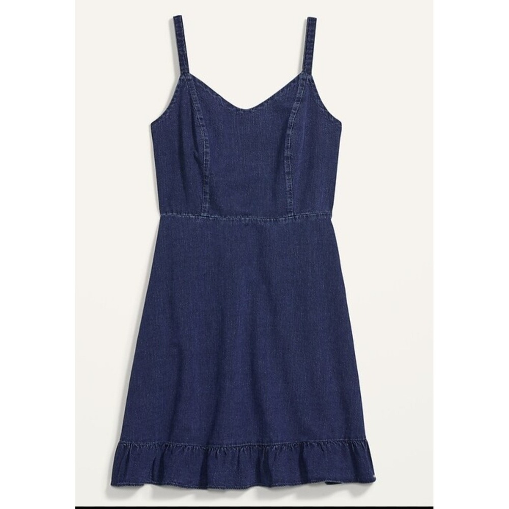 old navy womens large fit & flare cami ruffle hem jean dress sweetheart neckline
